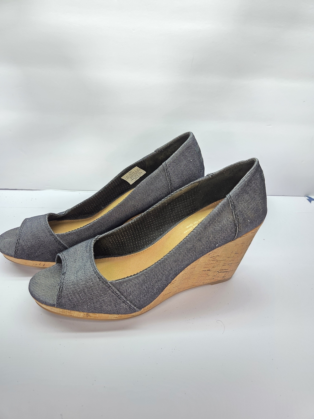 TOMS Stella Women's Size 9.5 Blue Denim Peep Open Toe Shimmer Cork Wedge Heels
